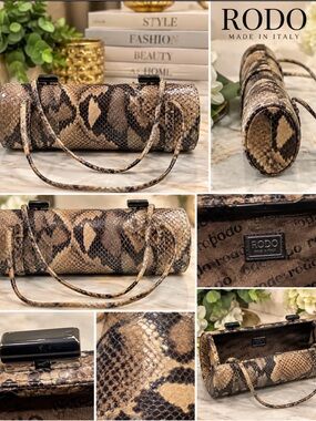 Vintage RODO Italy Snakeskin Exotic Leather Barrel Frame Shoulder Bag